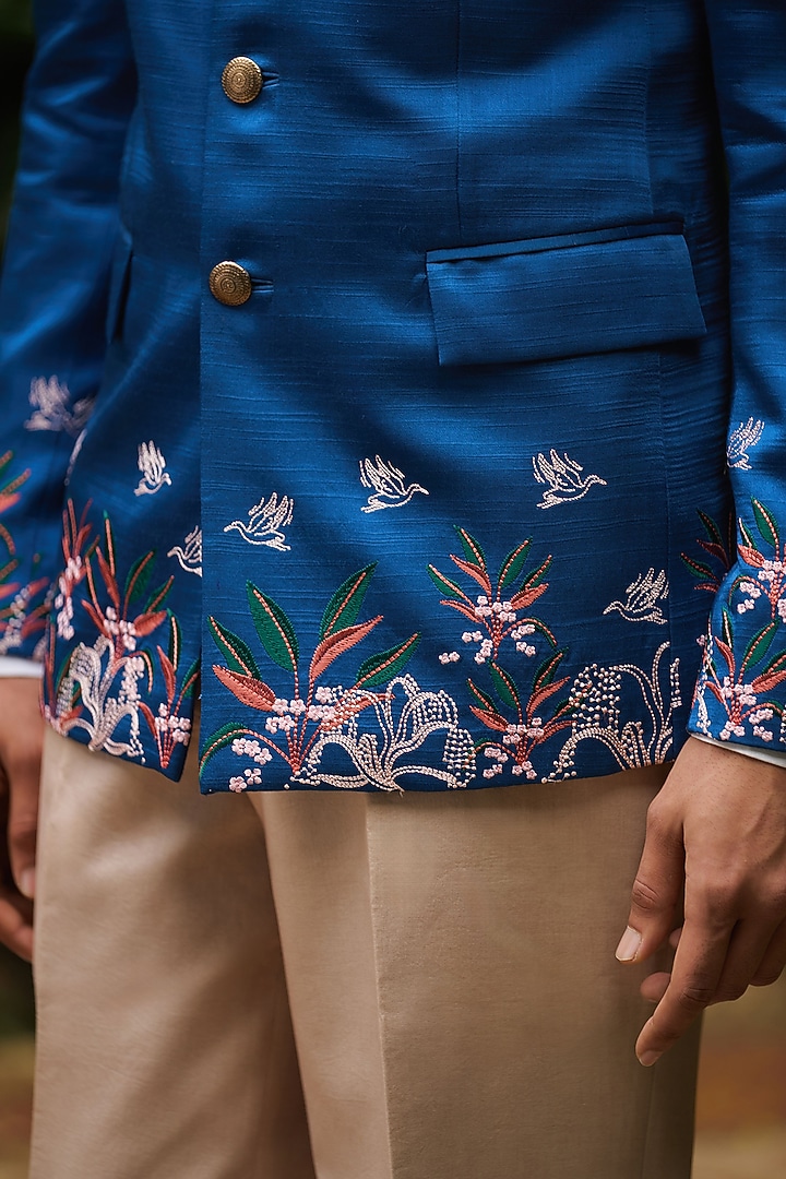 Blue Mysore Silk Embroidered Wedding Bandhgala Set by Philocaly at Pernia's Pop Up Shop