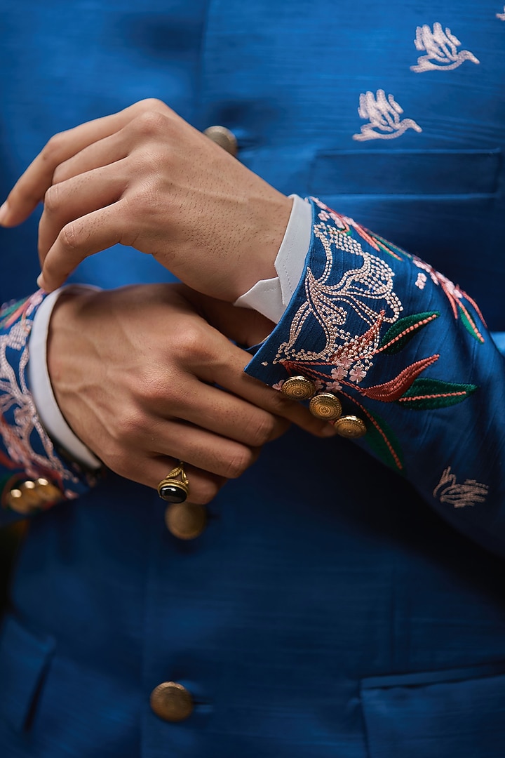 Blue Mysore Silk Embroidered Wedding Bandhgala Set by Philocaly at Pernia's Pop Up Shop