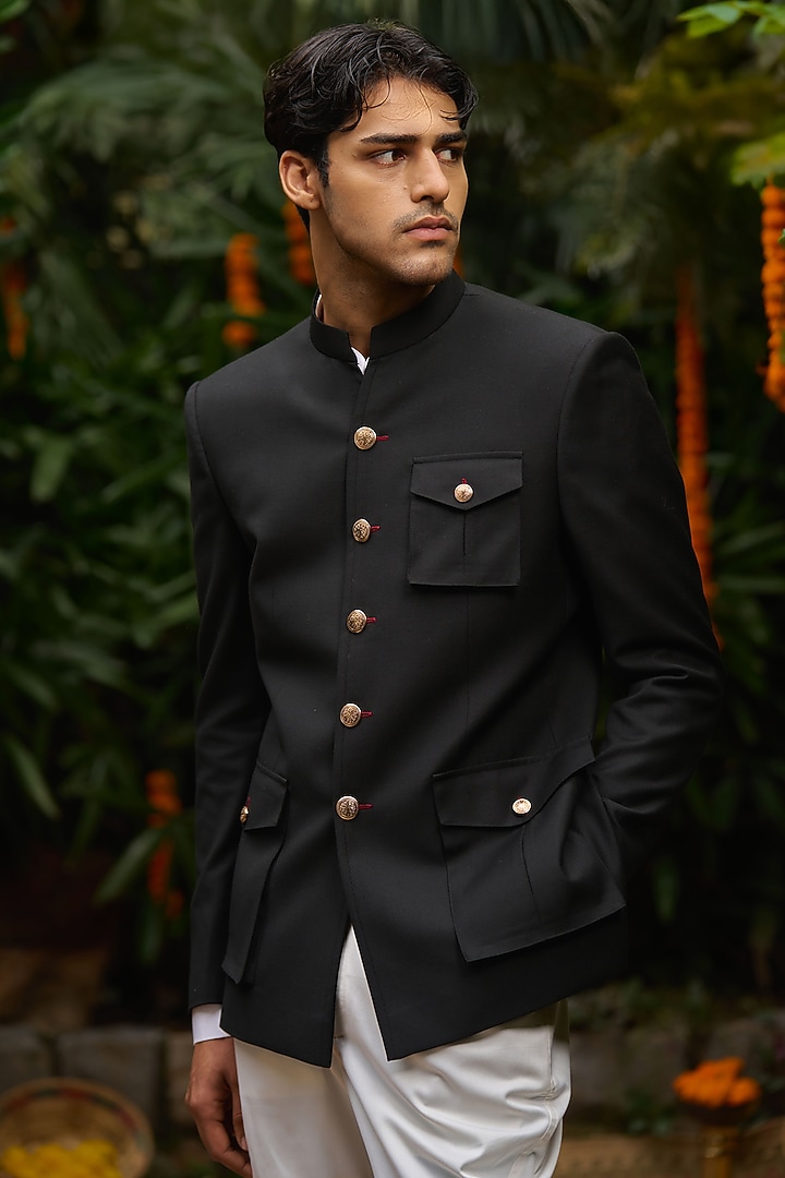 Black Perennial Wool Bandhgala by Philocaly at Pernia's Pop Up Shop