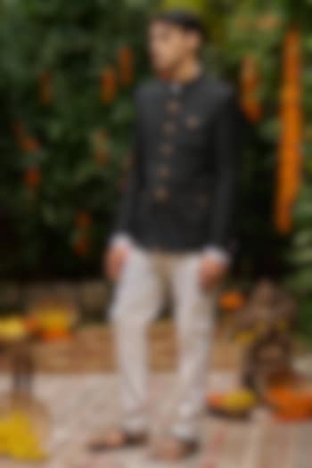 Black Perennial Wool Wedding Bandhgala Set by Philocaly at Pernia's Pop Up Shop