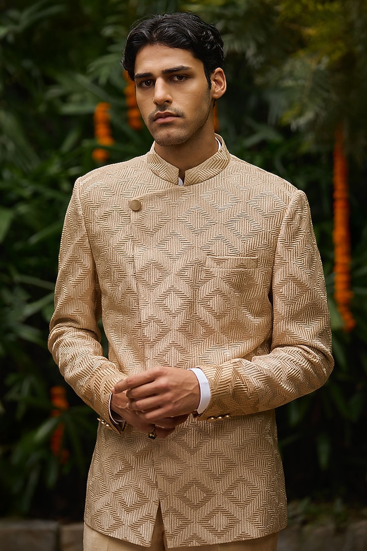 Beige Silk Embroidered Asymmetric Overlapped Bandhgala by Philocaly at Pernia's Pop Up Shop