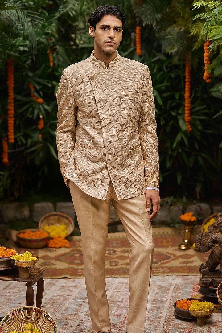 Beige Silk Embroidered Asymmetric Overlapped Wedding Bandhgala Set by Philocaly at Pernia's Pop Up Shop