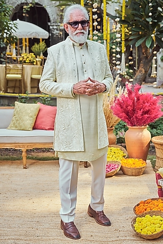 Lime Yellow Silk Embroidered Open Indowestern Set by Philocaly
