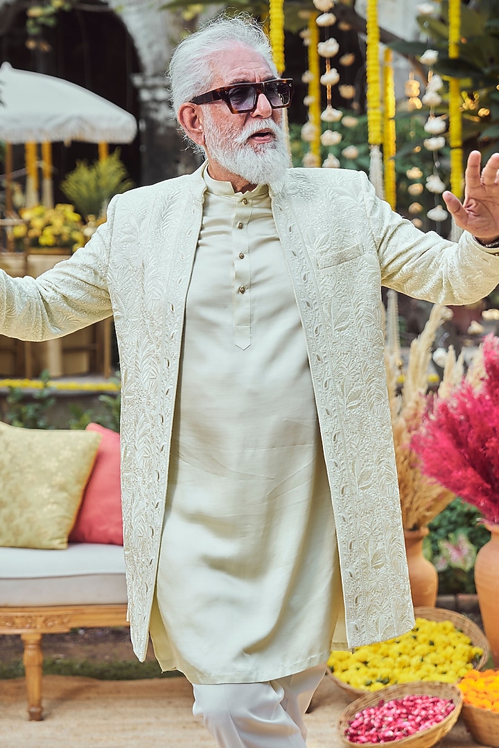 Lime Yellow Silk Embroidered Open Wedding Indowestern Set by Philocaly at Pernia's Pop Up Shop