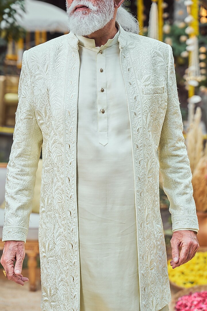 Lime Yellow Silk Embroidered Open Wedding Indowestern Set by Philocaly at Pernia's Pop Up Shop