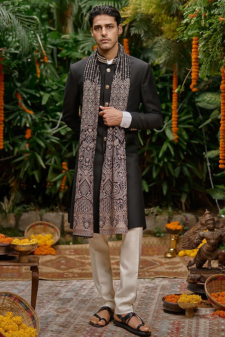 Black Perennial Wool Achkan Set by Philocaly at Pernia's Pop Up Shop