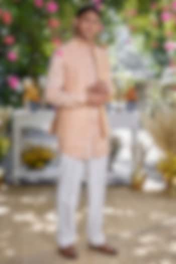 Peach Silk Embroidered Bundi Jacket Set by Philocaly at Pernia's Pop Up Shop