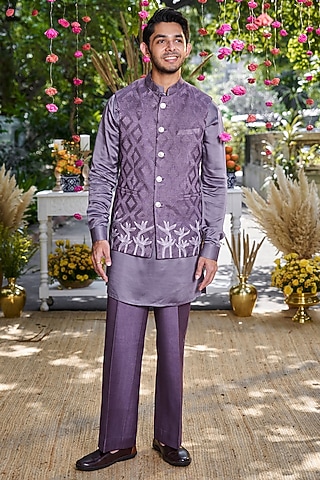 Purple Silk Embroidered Bundi Jacket Set by Philocaly