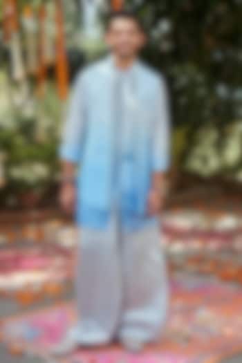 Blue Ombre Silk Embroidered Open Bundi Jacket Set by Philocaly at Pernia's Pop Up Shop