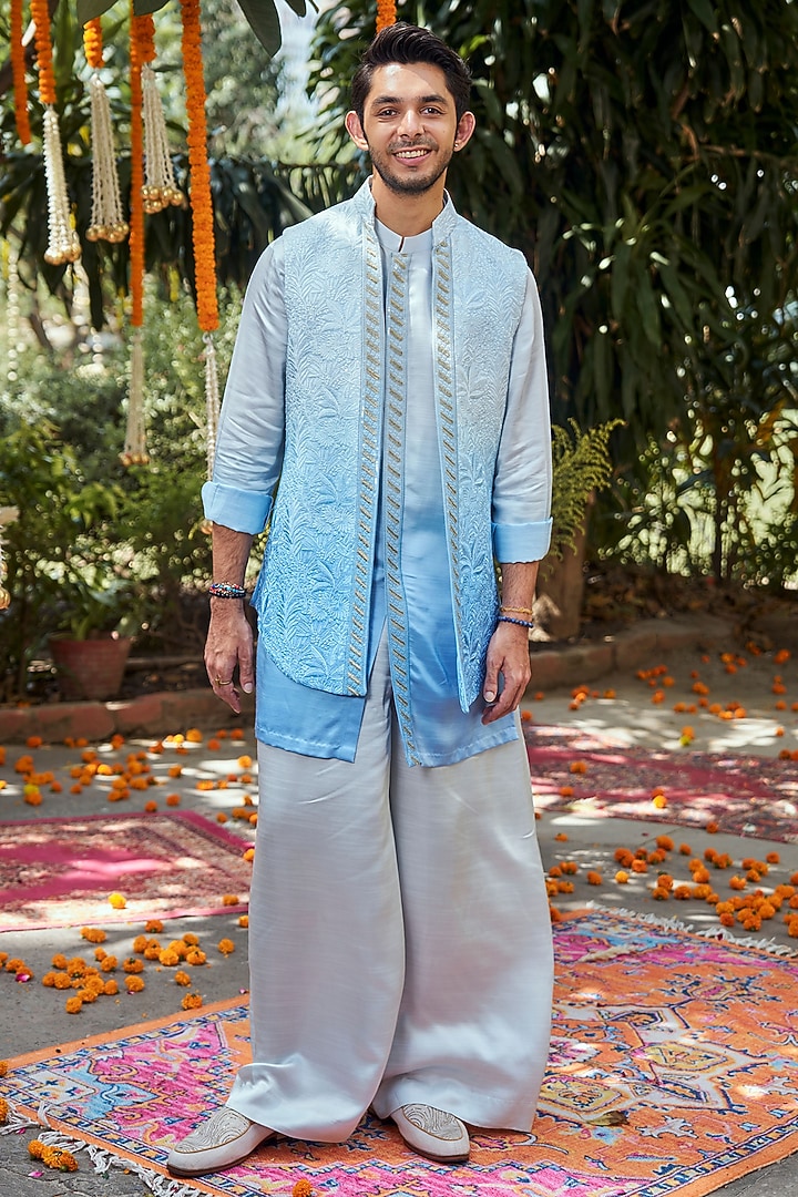 Blue Ombre Silk Embroidered Open Bundi Jacket Set by Philocaly at Pernia's Pop Up Shop