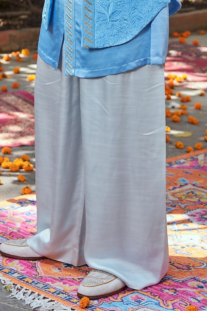 Blue Ombre Silk Embroidered Open Bundi Jacket Set by Philocaly at Pernia's Pop Up Shop