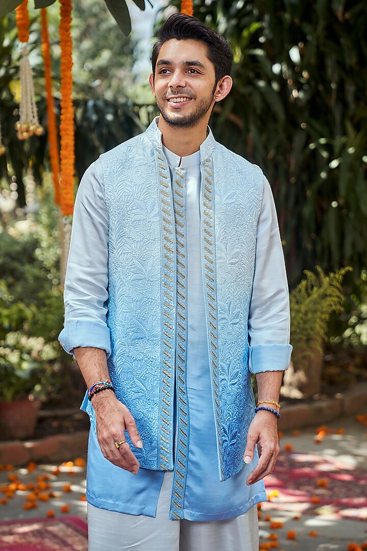 Blue Ombre Silk Embroidered Open Bundi Jacket Set by Philocaly at Pernia's Pop Up Shop