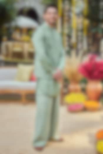 Green Silk Embroidered Bundi Jacket Set by Philocaly at Pernia's Pop Up Shop