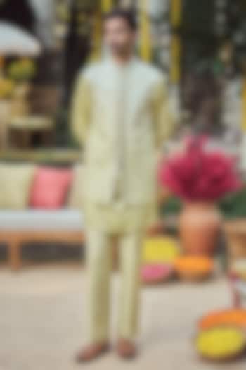 Lime Green Ombre Silk Embroidered Bundi Jacket Set by Philocaly at Pernia's Pop Up Shop