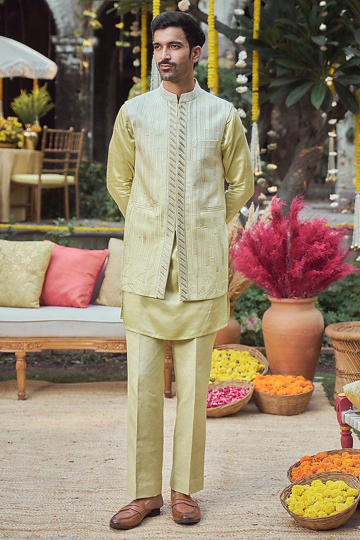 Lime Green Ombre Silk Embroidered Bundi Jacket Set by Philocaly at Pernia's Pop Up Shop