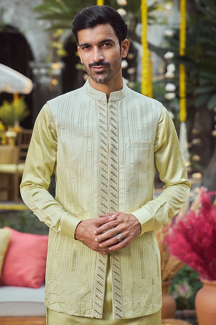 Lime Green Ombre Silk Embroidered Bundi Jacket Set by Philocaly at Pernia's Pop Up Shop