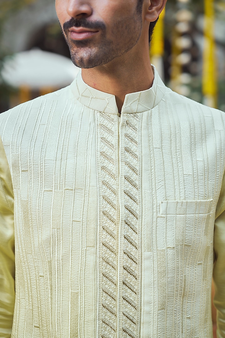 Lime Green Ombre Silk Embroidered Bundi Jacket Set by Philocaly at Pernia's Pop Up Shop