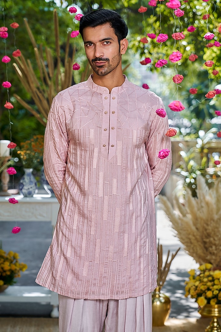 Pink Silk Embroidered Short Kurta by Philocaly at Pernia's Pop Up Shop