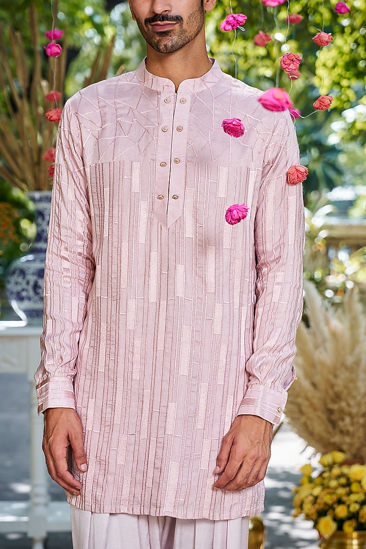 Pink Silk Embroidered Short Kurta by Philocaly at Pernia's Pop Up Shop