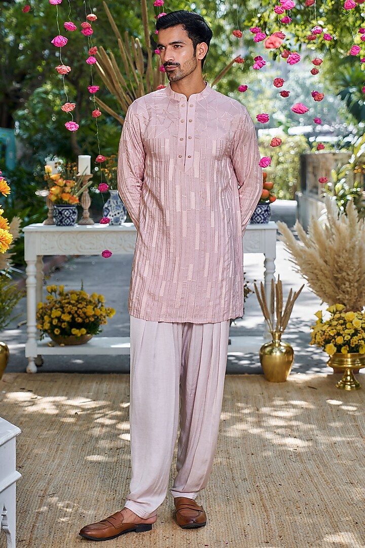Pink Silk Embroidered Short Kurta by Philocaly at Pernia's Pop Up Shop