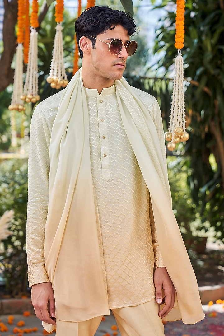 Lime Yellow Ombre Silk Embroidered Short Kurta by Philocaly at Pernia's Pop Up Shop
