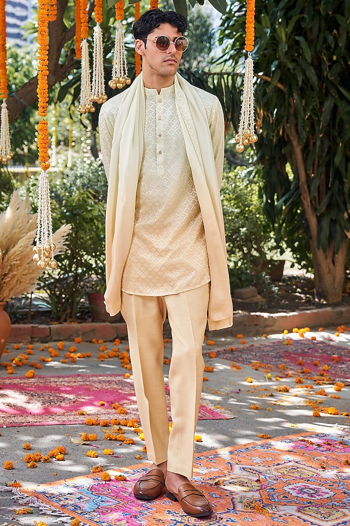 Lime Yellow Ombre Silk Embroidered Short Kurta by Philocaly at Pernia's Pop Up Shop