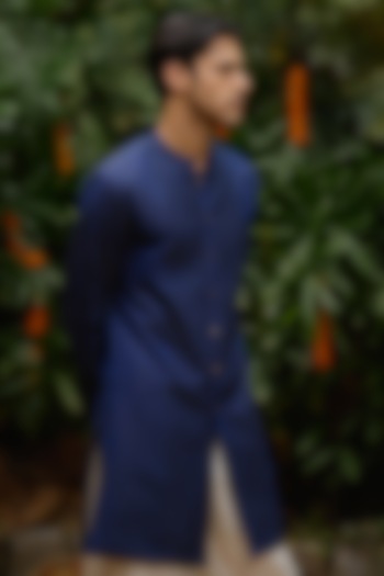 Blue Blended Silk Front-Open Kurta by Philocaly at Pernia's Pop Up Shop