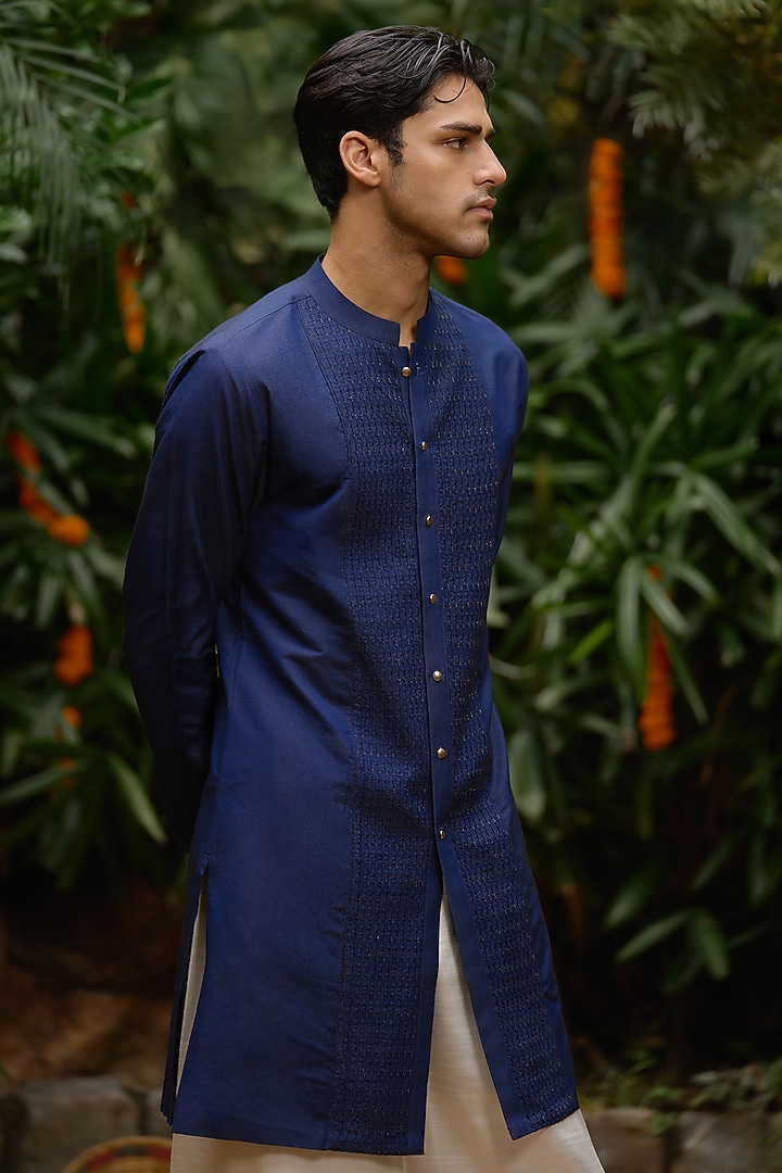 Blue Blended Silk Front-Open Kurta by Philocaly at Pernia's Pop Up Shop