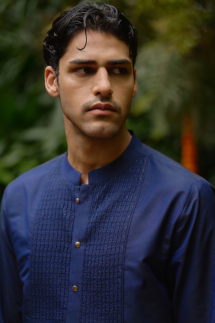 Blue Blended Silk Front-Open Kurta by Philocaly at Pernia's Pop Up Shop