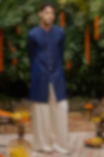 Blue Blended Silk Front-Open Kurta Set by Philocaly at Pernia's Pop Up Shop