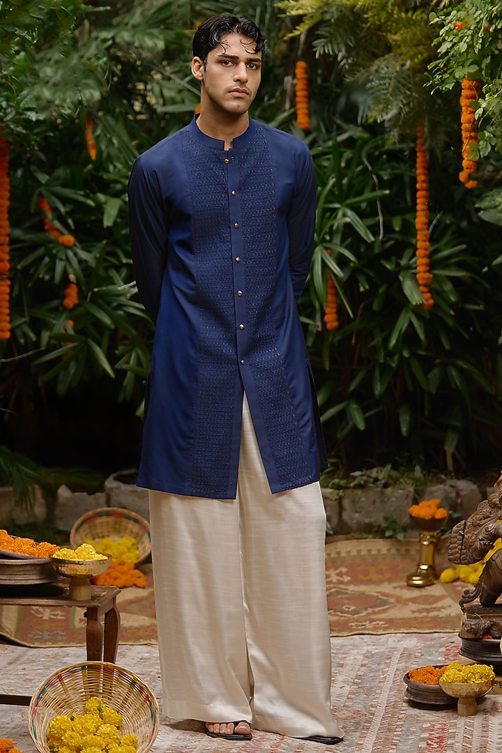 Blue Blended Silk Front-Open Kurta Set by Philocaly at Pernia's Pop Up Shop