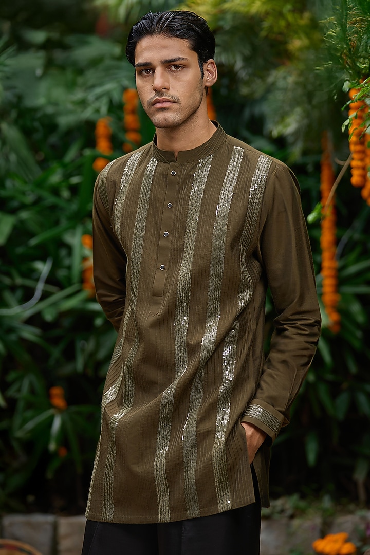 Olive Green Blended Silk Sequins Work Short Kurta by Philocaly at Pernia's Pop Up Shop