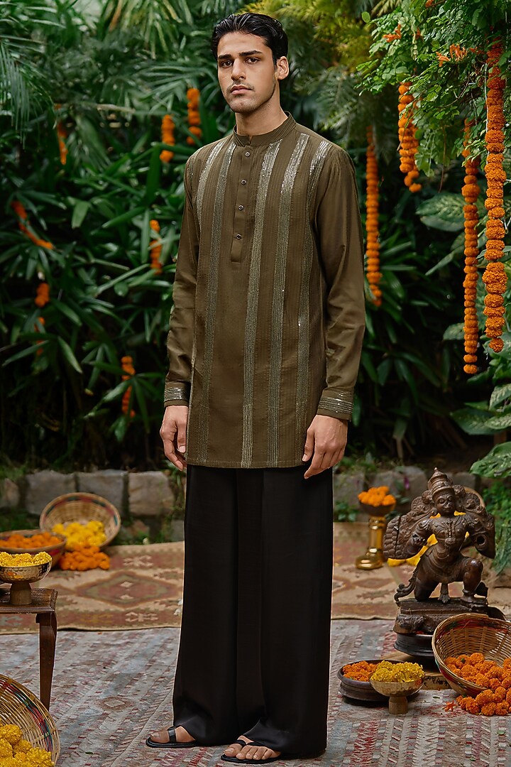 Olive Green Blended Silk Sequins Work Short Kurta by Philocaly at Pernia's Pop Up Shop