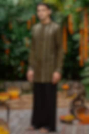 Olive Green Blended Silk Sequins Work Short Kurta Set by Philocaly at Pernia's Pop Up Shop