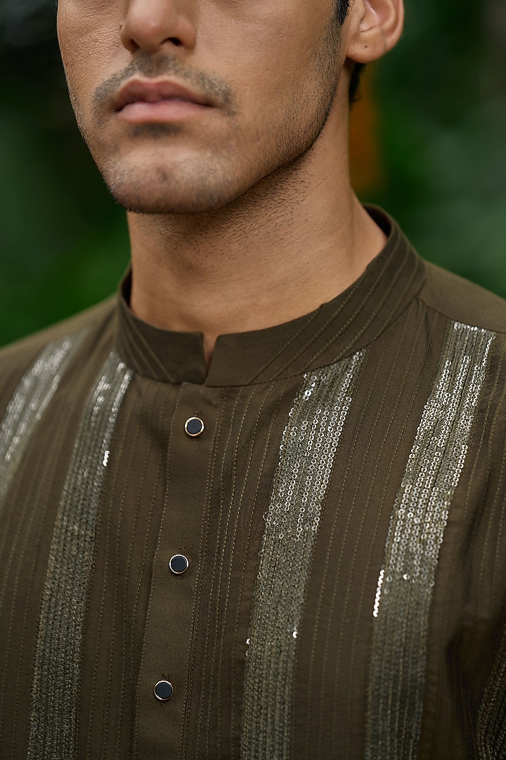 Olive Green Blended Silk Sequins Work Short Kurta Set by Philocaly at Pernia's Pop Up Shop
