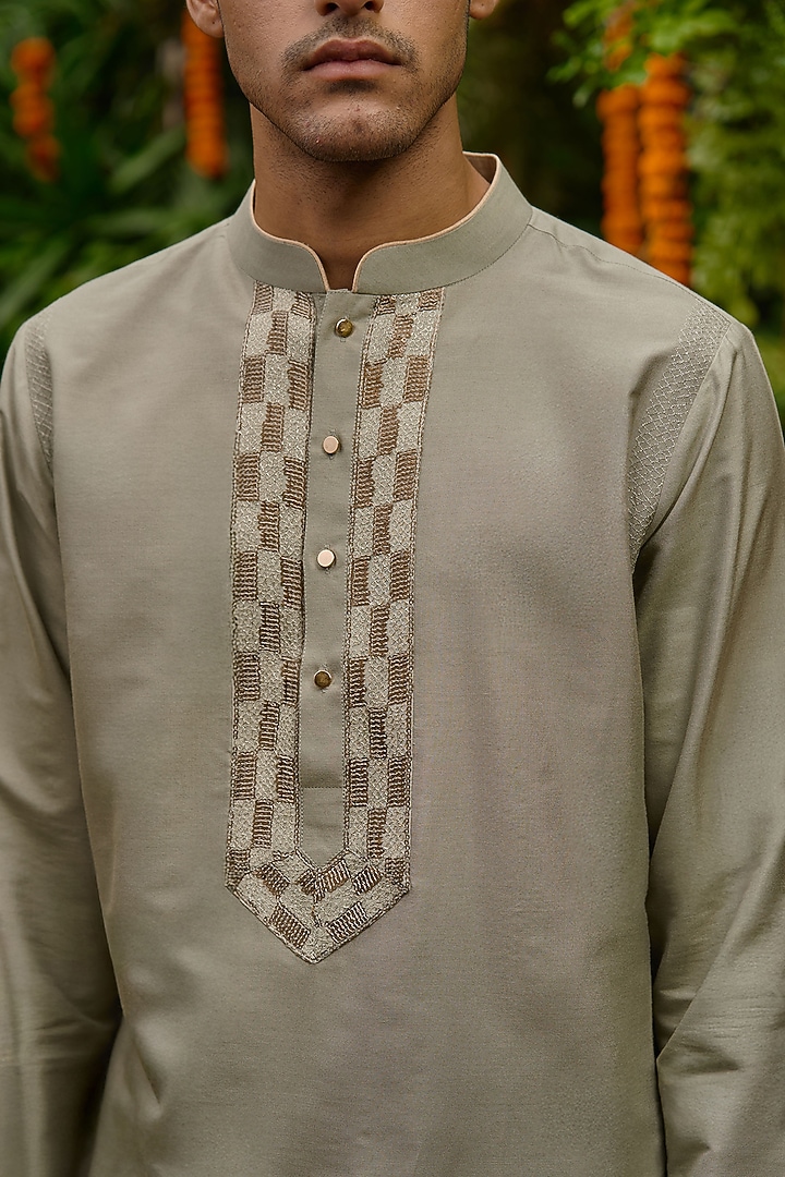 Silver Blended Silk Zari Embroidered Kurta by Philocaly at Pernia's Pop Up Shop