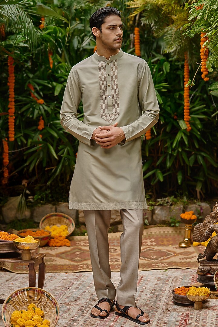 Silver Blended Silk Zari Embroidered Kurta by Philocaly at Pernia's Pop Up Shop