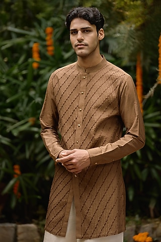 Brown Blended Silk Front-Open Kurta by Philocaly