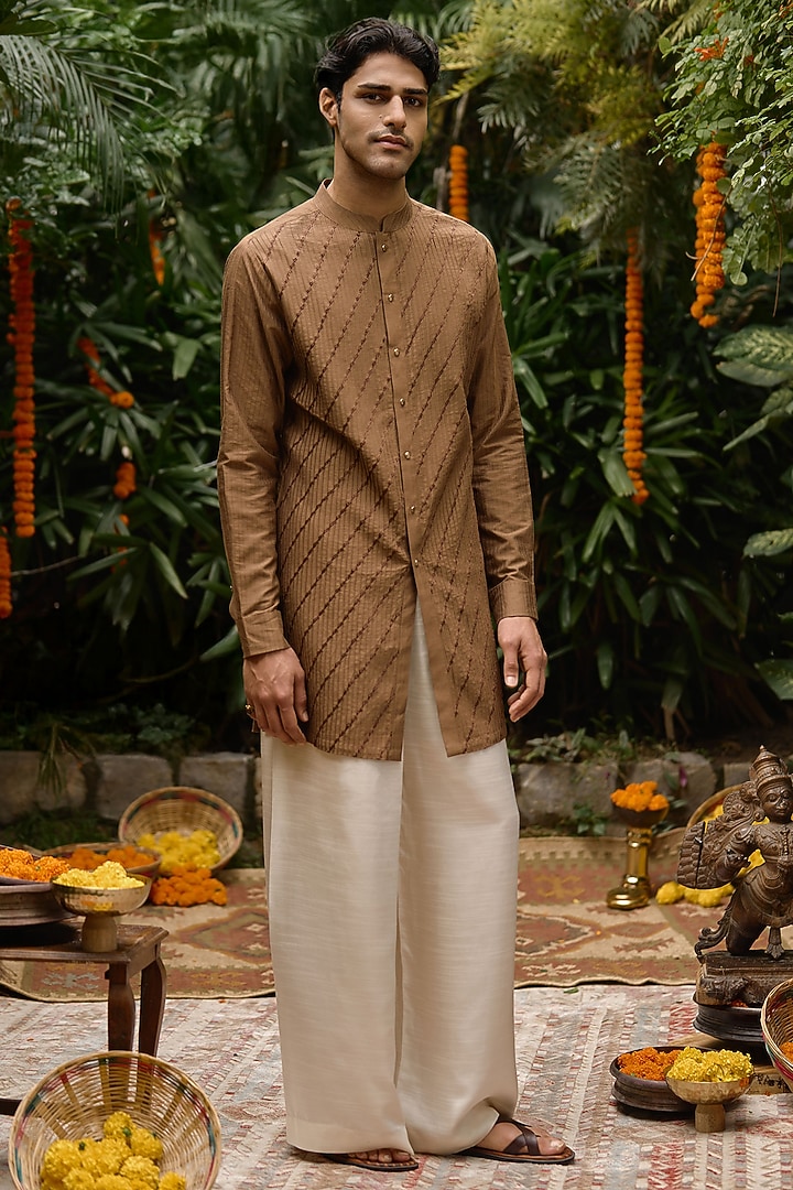 Brown Blended Silk Front-Open Kurta by Philocaly at Pernia's Pop Up Shop