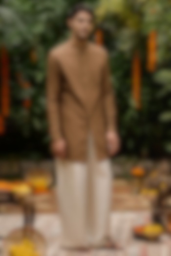 Brown Blended Silk Front-Open Kurta Set by Philocaly at Pernia's Pop Up Shop