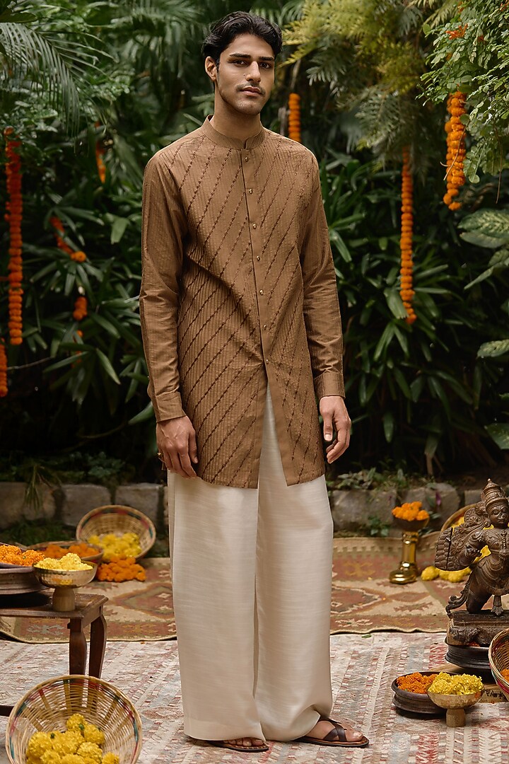 Brown Blended Silk Front-Open Kurta Set by Philocaly at Pernia's Pop Up Shop