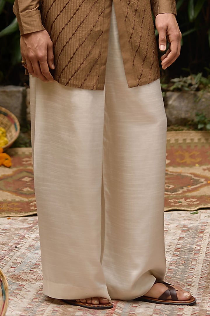 Brown Blended Silk Front-Open Kurta Set by Philocaly at Pernia's Pop Up Shop