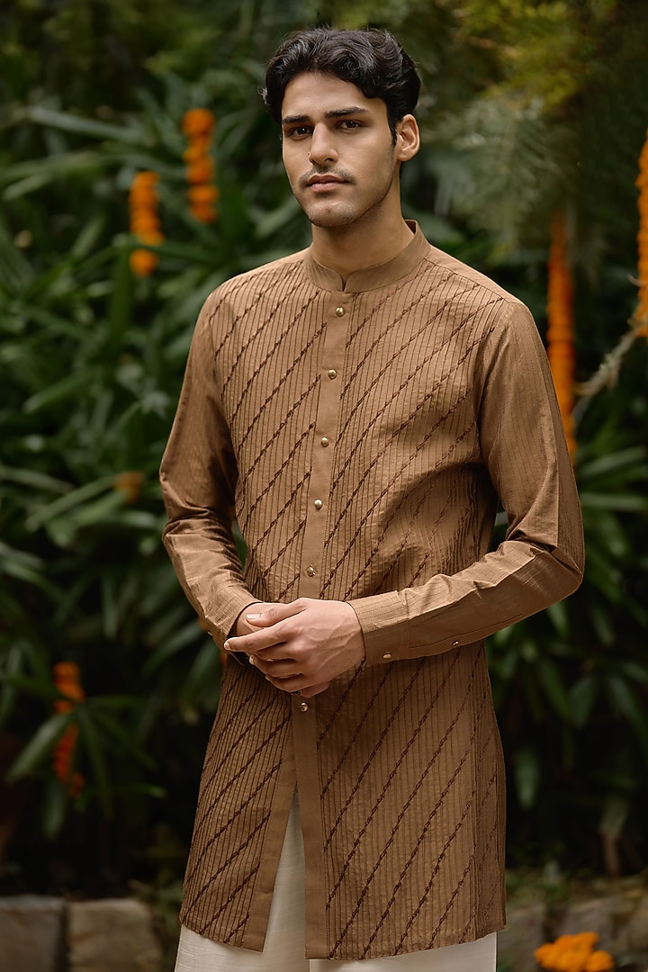 Brown Blended Silk Front-Open Kurta Set by Philocaly at Pernia's Pop Up Shop