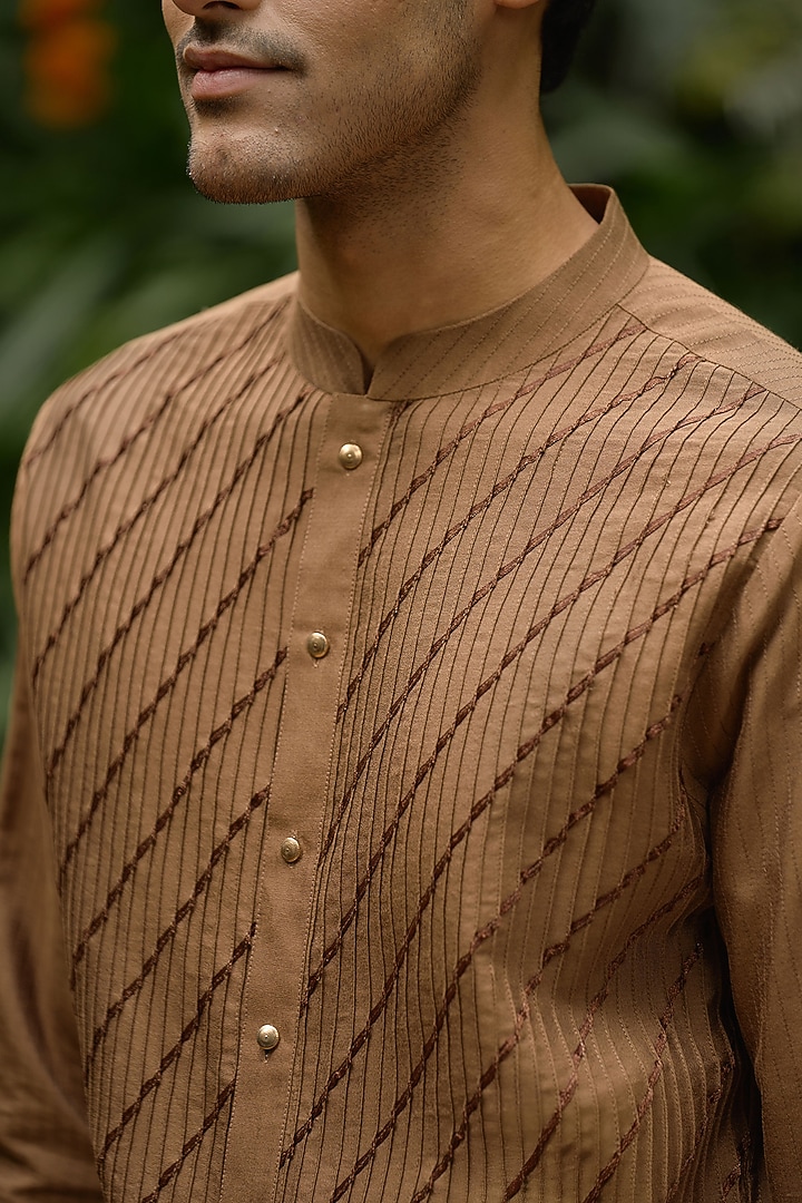 Brown Blended Silk Front-Open Kurta Set by Philocaly at Pernia's Pop Up Shop