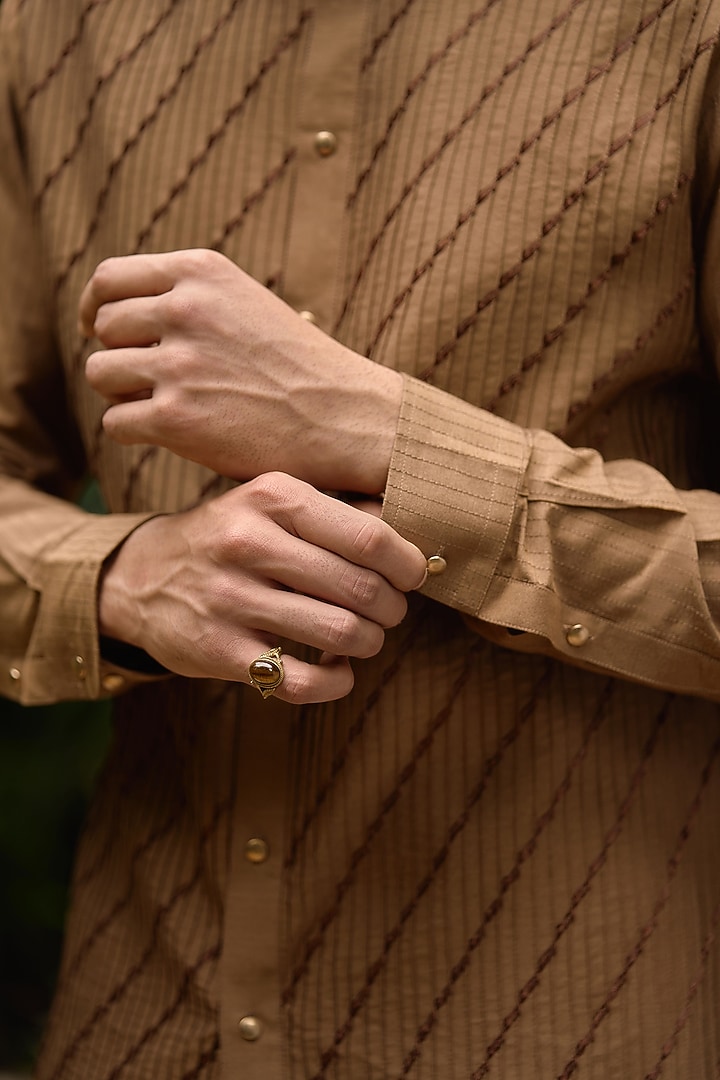 Brown Blended Silk Front-Open Kurta Set by Philocaly at Pernia's Pop Up Shop