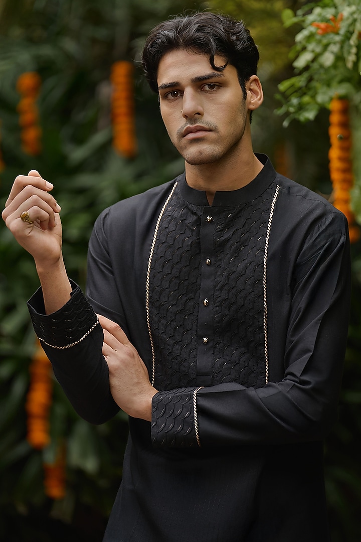 Black Blended Silk Kurta Set by Philocaly at Pernia's Pop Up Shop