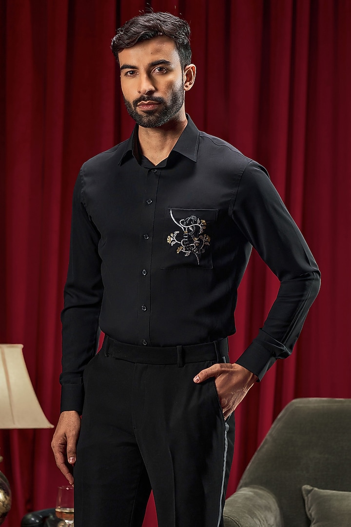 Black Cotton Blend Embroidered Party Wear Shirt by Philocaly at Pernia's Pop Up Shop