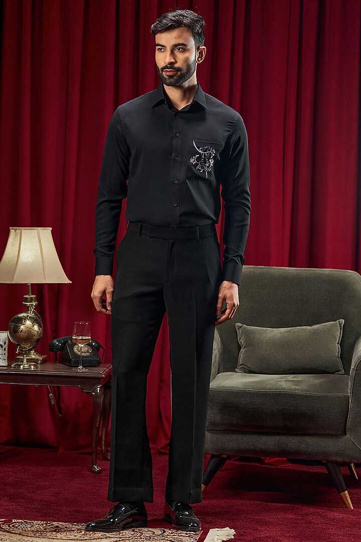 Black Cotton Blend Embroidered Party Wear Shirt by Philocaly at Pernia's Pop Up Shop