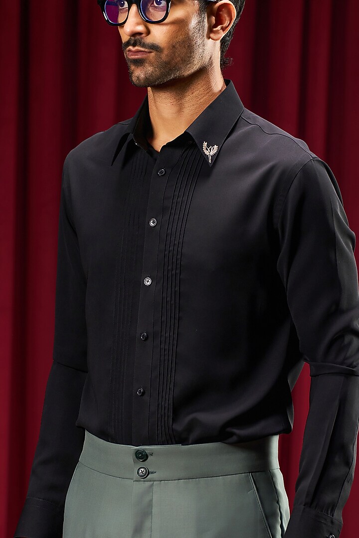 Black Cotton Blend Party Wear Shirt by Philocaly at Pernia's Pop Up Shop