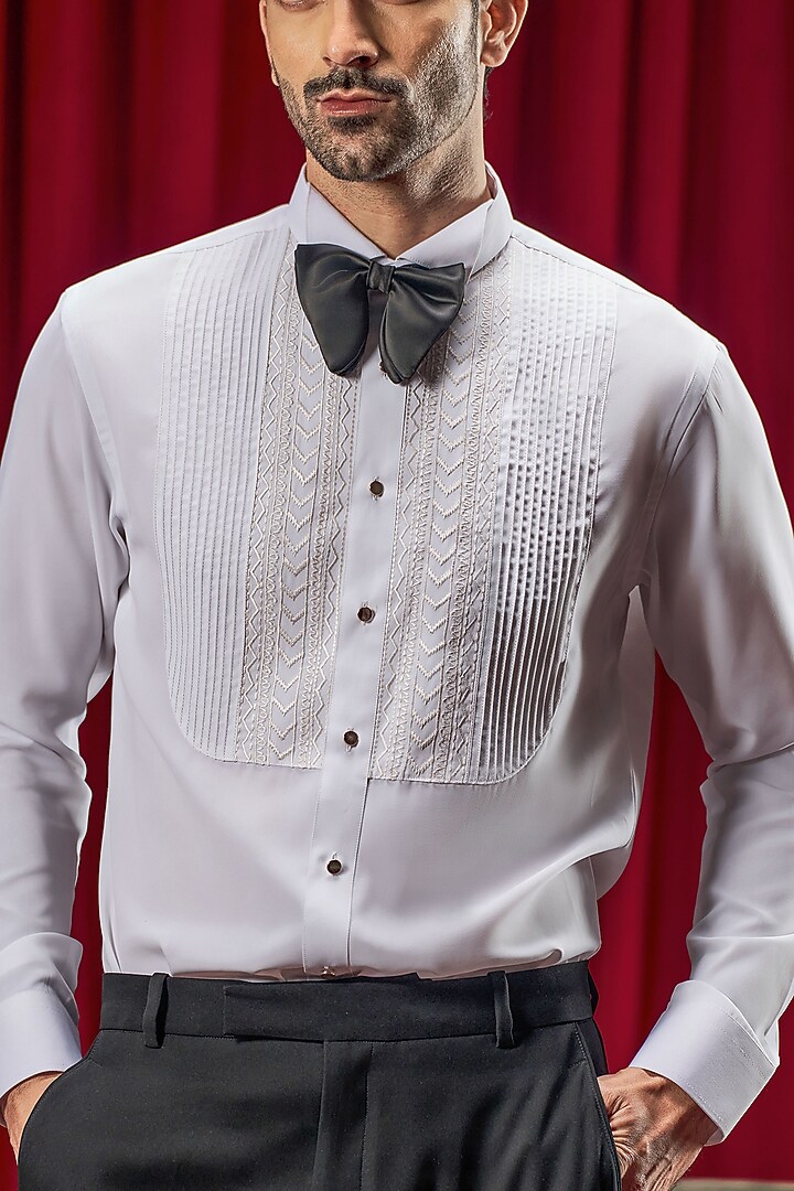 White Cotton Blend Embroidered Party Wear Shirt by Philocaly at Pernia's Pop Up Shop